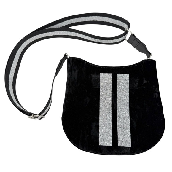Koala Kanvas Black Velvet Crossbody Bag Silver Stripe Medium Adjustable Zipper - Picture 2 of 9